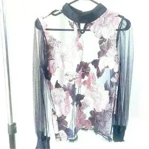 BLACK MESH LONG SLEEVE WITH PINK ROSES MESH BLOUSE  ROUND RUFFLE NECK SIZE S